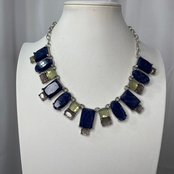 Chico's statement necklace burnished silver tone faceted faux stones blue - Picture 1 of 14